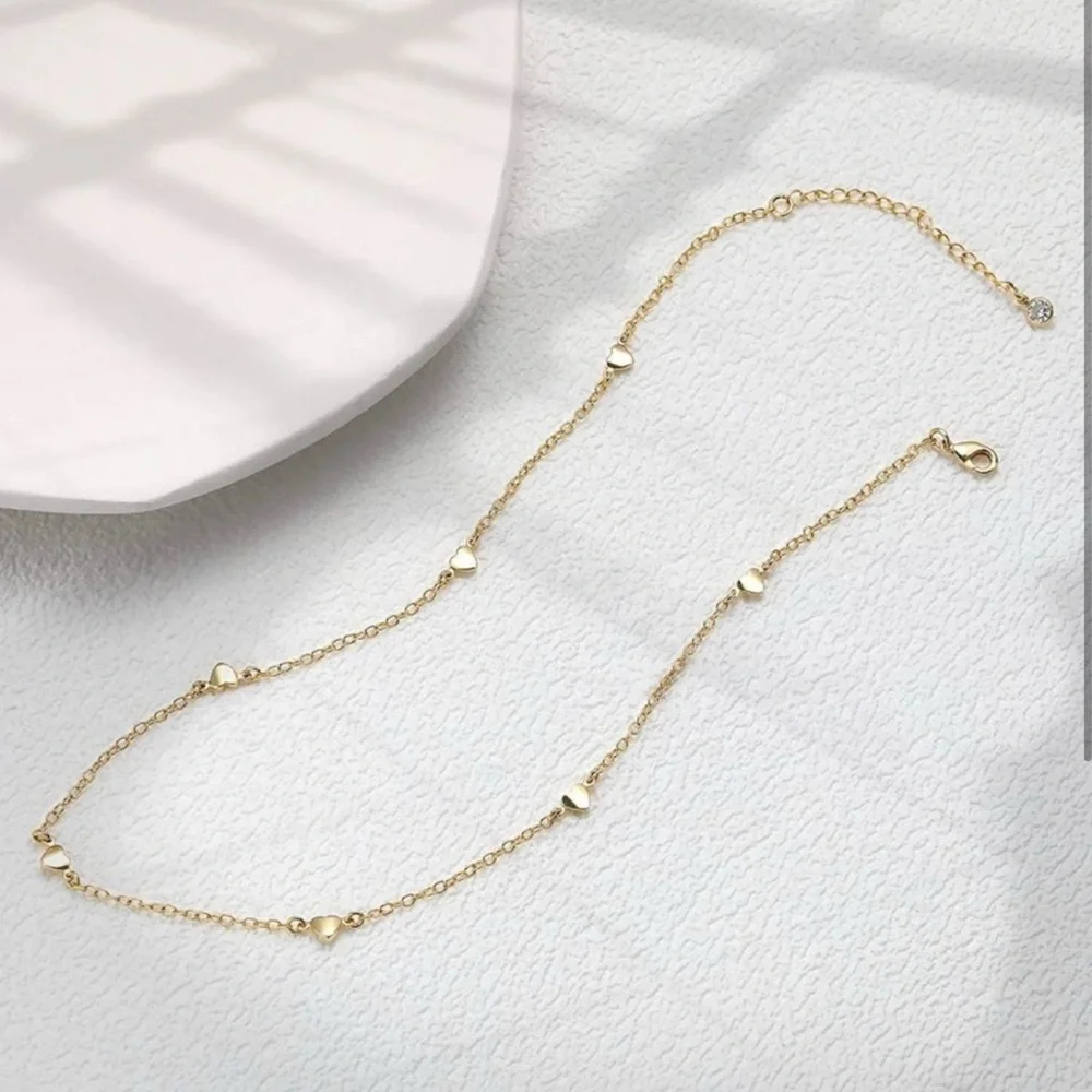 14k Gold Plated Heart Charm Choker Necklace – Dainty Minimalist Chain - Picture 2 of 3